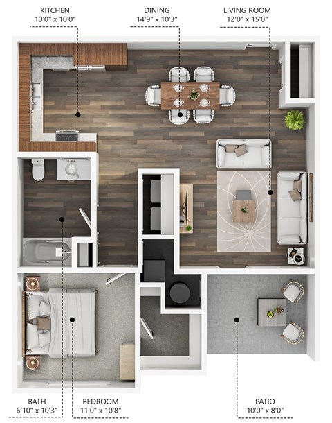 Floor plan for 1 bed, 1 bath, 804 sqft